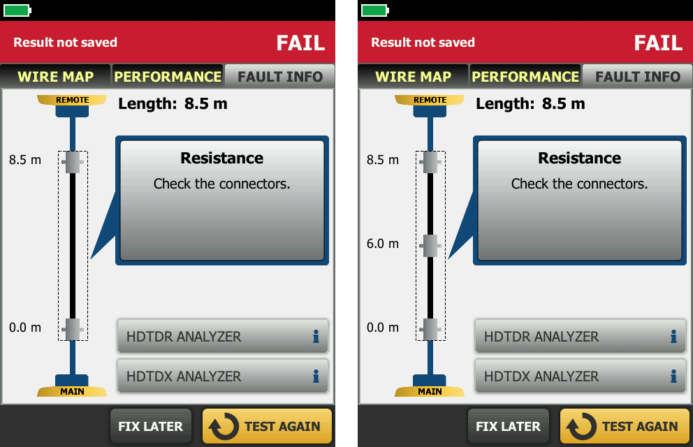 DSX CableAnalyzer Fault Info Screen