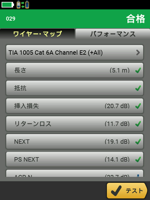 TIA 1005 カテゴリ 6A リンクの E2 規格のテストの合格結果