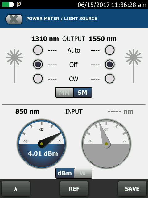Pantalla de configuración del medidor de potencia para entrada en dBm