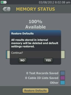 Restore Defaults Message Screen