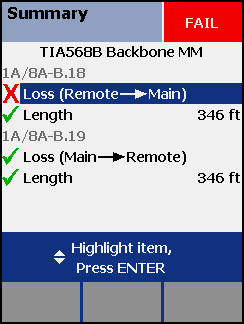 Highlighted Remote to Main Loss Check with Fail Result