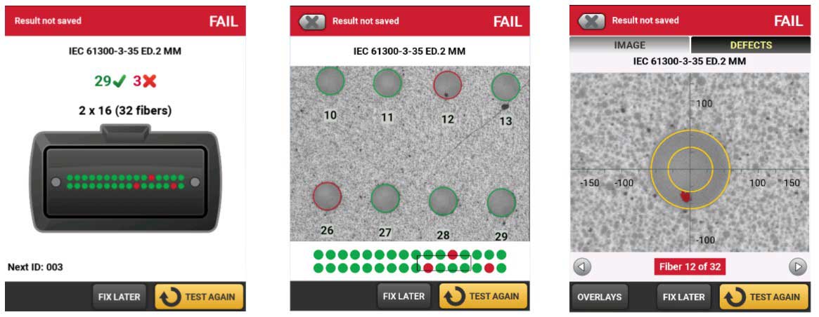 Screen shot examples of automated fiber inspection pass/fail results