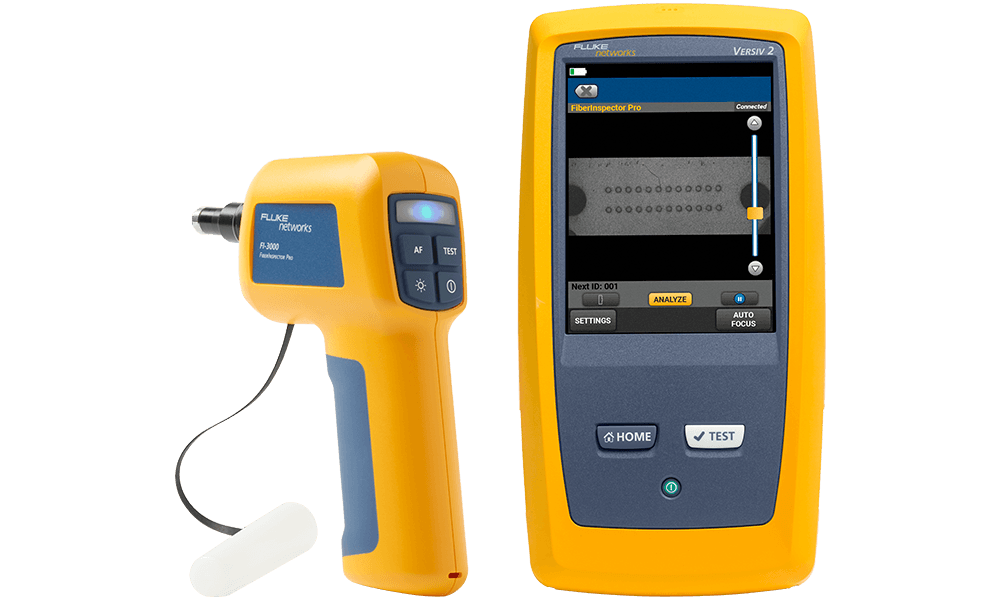 Images of a Fluke Networks FI-3000 FiberInspector Ultra and a Quick Clean cleaner tool