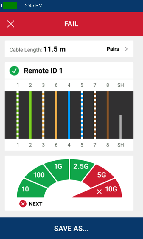 Kabeltest mit angeschlossener Remote-ID zeigt Remote ID Nummer 1 an.