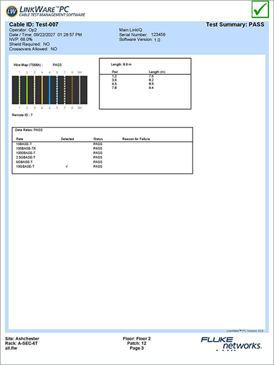 Use o LinkWare PC para gerar relatórios de teste em PDF