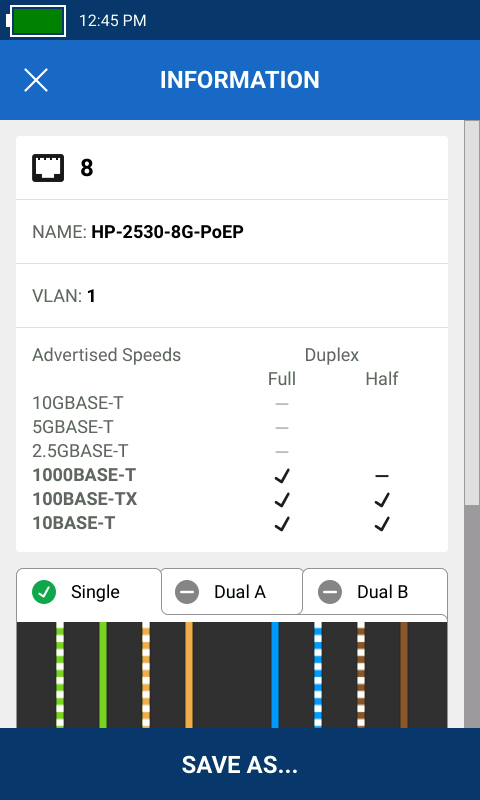 Switch port test shows port number, switch name and port VLAN along with advertised speed and duplex settings