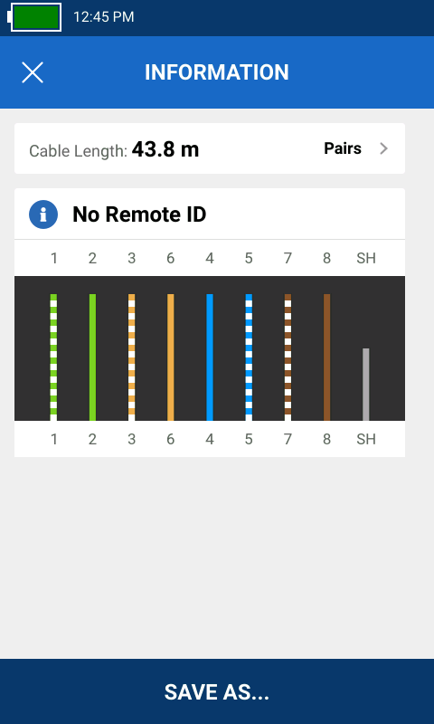 Kabeltest ohne angeschlossene Remote zeigt Länge und Paarung jedes Drahtpaars an.