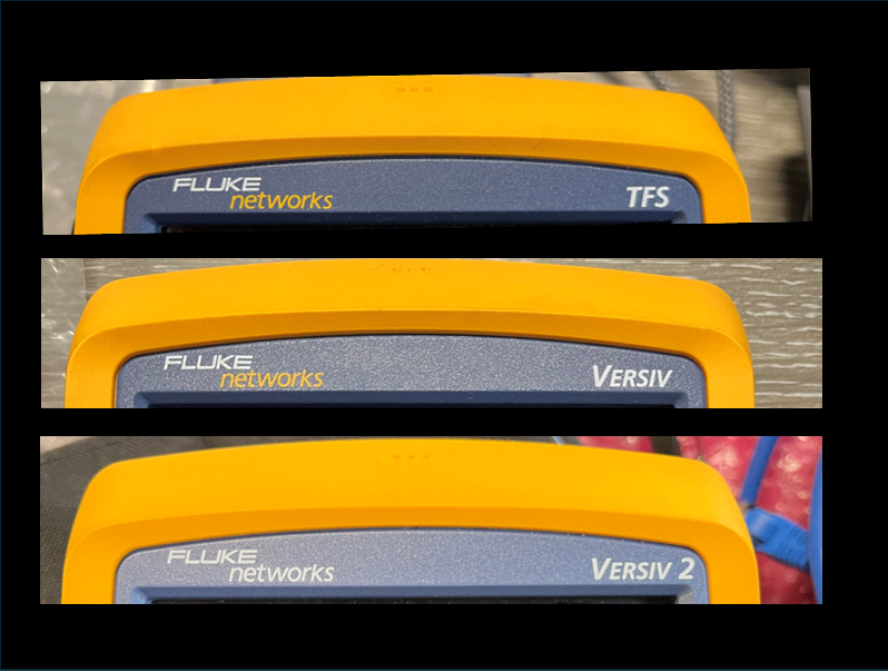 Three Versiv units showing three different faceplate labels used over the years