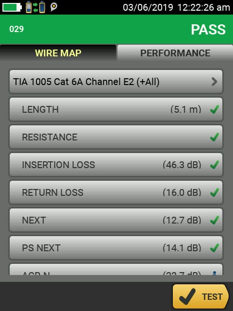 Passing Test Results for a TIA 1005 Category 6A Link with E2 Limits