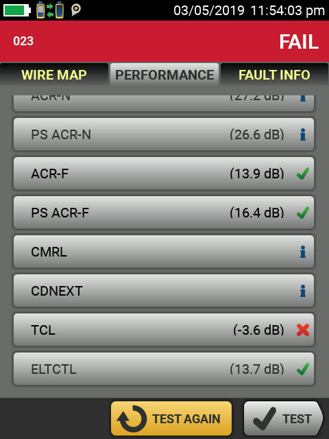 불합격한 E3 레벨 테스트를 보여주는 Fluke DSX CableAnalyzer 화면