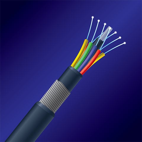 Illustration of the end of a fiber optic cable, revealing multiple colorful elements inside