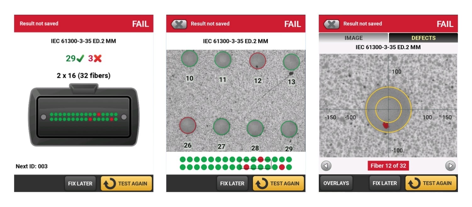FiberInspector Ultra Camera screens showing inspection of individual fibers of a multi-fiber