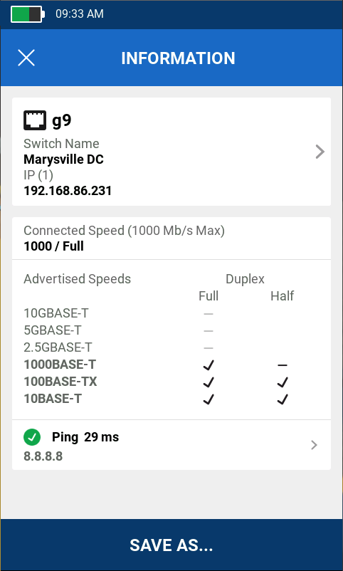 O teste da porta do switch mostra o número da porta, o nome do switch e a VLAN da porta, juntamente com a velocidade anunciada e as configurações duplex