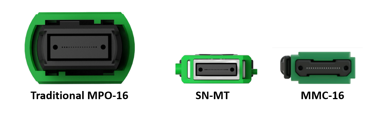 Side-by-side comparison images of traditional and VSFF MPO connectors 