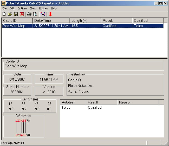 Fluke Networks CableIQ Reporter Screen