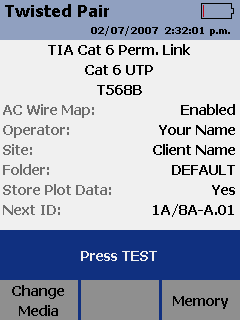 DTX CableAnalyzer Autotest Main Screen