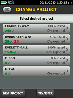 DSX CableAnalyzer Project Selection Screen