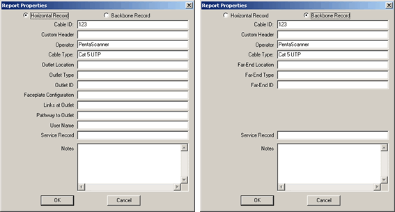 Report Properties for Horizontal and Backbone Record